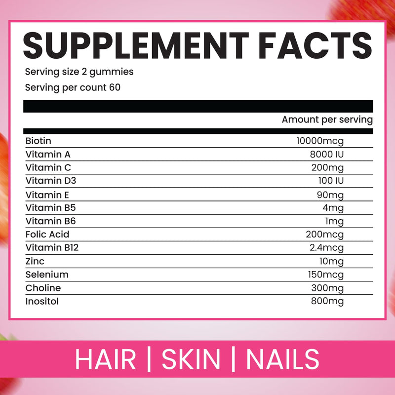 Biotin Gummies 10,000mcg, 60 Vegan Gummies with 7 Essential Vitamins for Hair, Skin & Nails Support, Strawberry Flavour Biotin Supplement Non-GMO, Gluten-Free (Strawberry)
