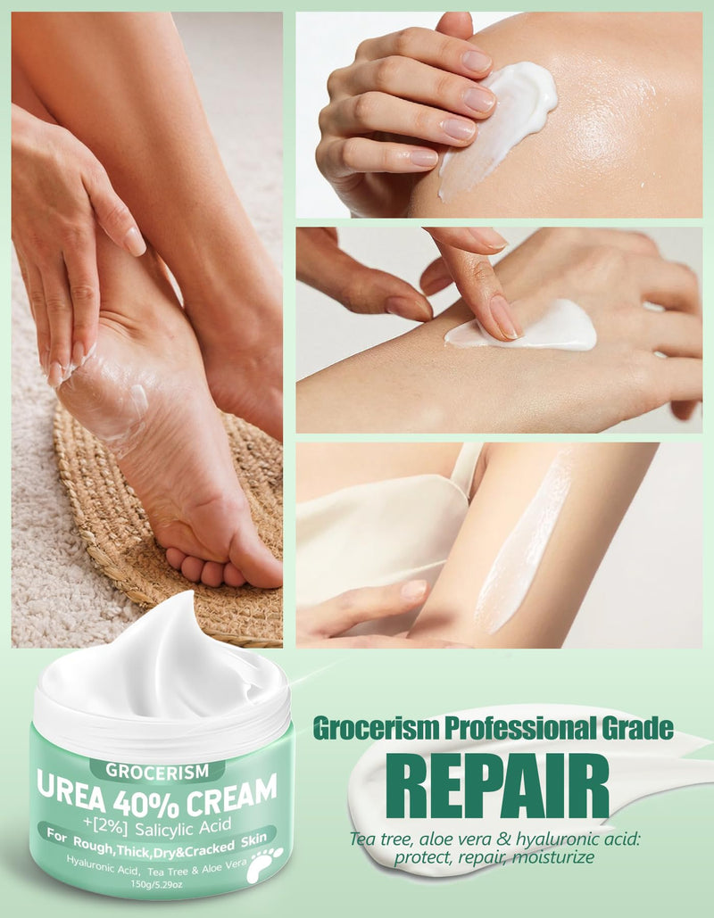Grocerism Urea Cream 40% for Feet Maximum Strength Hand & Foot Cream 8.82oz | with 2% Salicylic Acid, Aloe Vera & Hyaluronic Acid, for Cracked Heels, Calluses & Rough Dry Skin 8.82 Ounce (Pack of 1) 40%