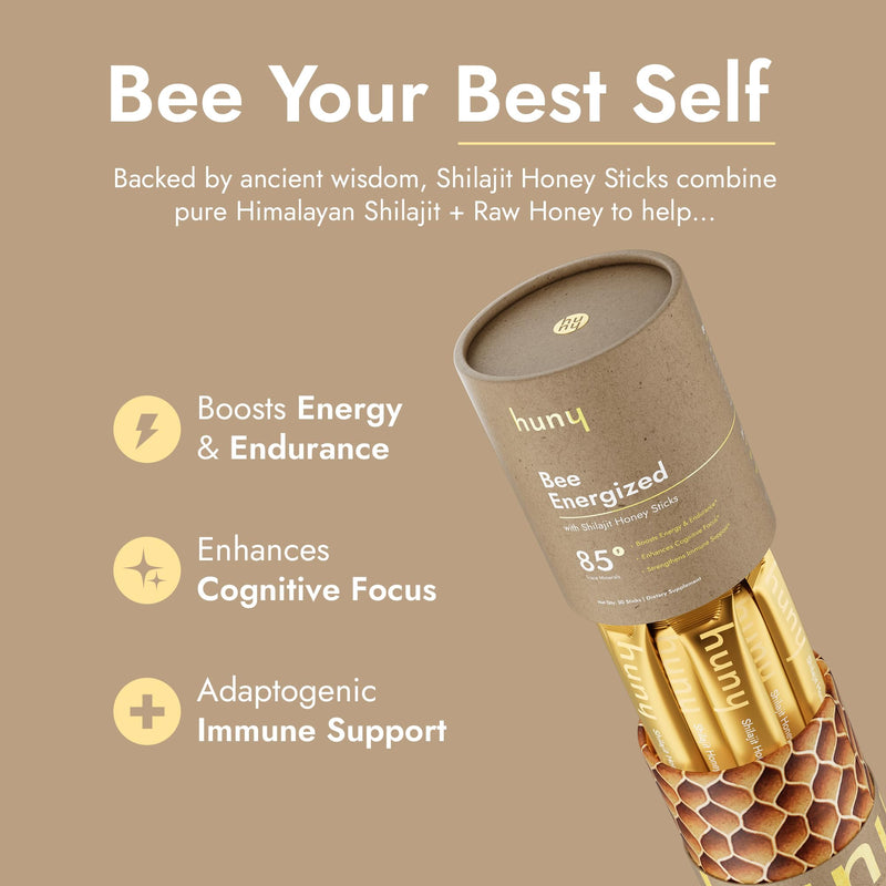 [Australia] - HUNY Bee Energized with Shilajit Honey Sticks | 85+ Trace Minerals for Clean Energy, Focus & Immune Support | Pure Himalayan Shilajit for Men & Women | 30 Count (Pack of 1) 