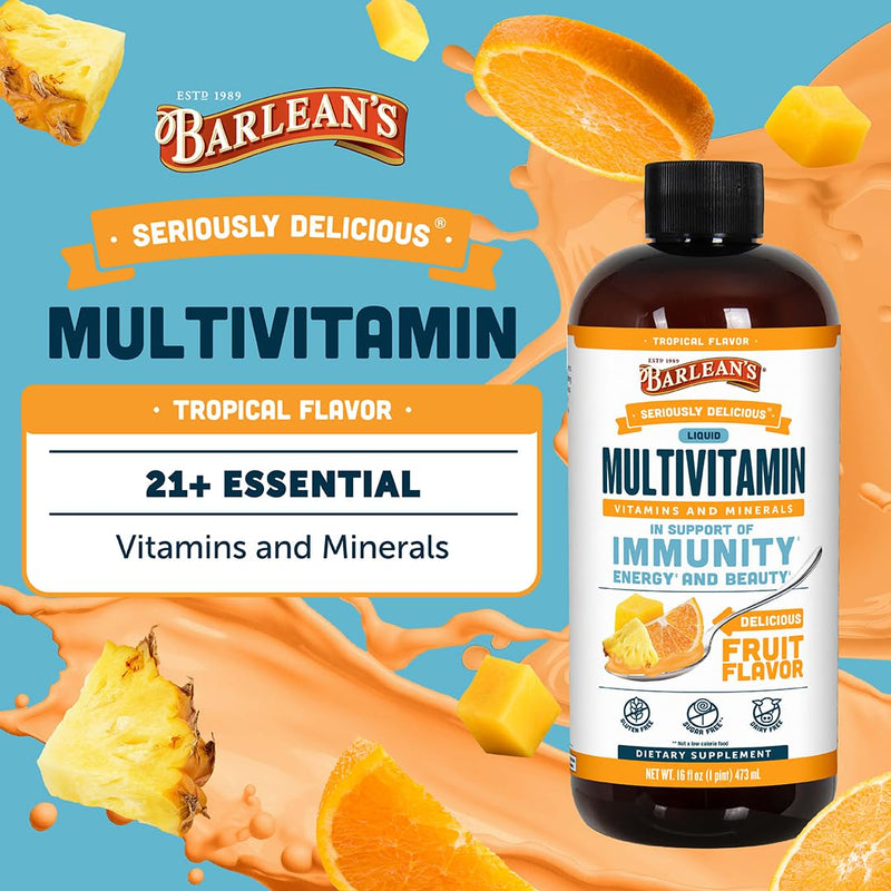 Barlean's Tropical Liquid Multivitamin, 21 Vitamins & Minerals, 16oz | Biotin, B-complex, vitamins C, D3 & K2, Smoothie-like liquid, Non-GMO, Gluten-free, For women, men & kids, Wellness 16 Fl Oz (Pack of 1)