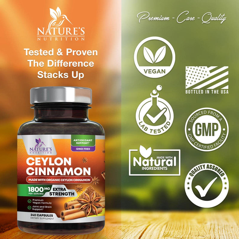 [Australia] - Pure Cinnamon Capsules, Certified Organic Ceylon Cinnamon Pills, Non-GMO, Gluten-Free, Dairy-Free, Sri Lanka Cinnamon Powder Supplement, Best Vegan True Cinnamomum Vitamins, Sugar Free - 240 Capsules 240 Count (Pack of 1) 
