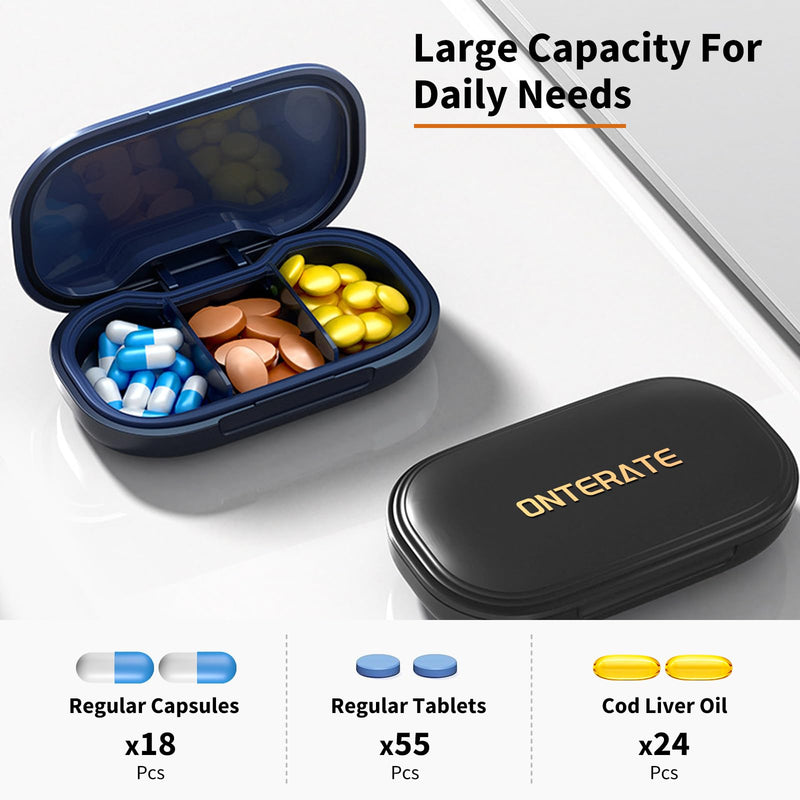 ONTERATE Small Pill Box, 3 Compartments Small Pill Case for Purse Pocket, Removable Divider Travel Pill Organizer, Moisture Proof Portable Mini Pill Container Medicine Organizer for Vitamins (Blue) Blue