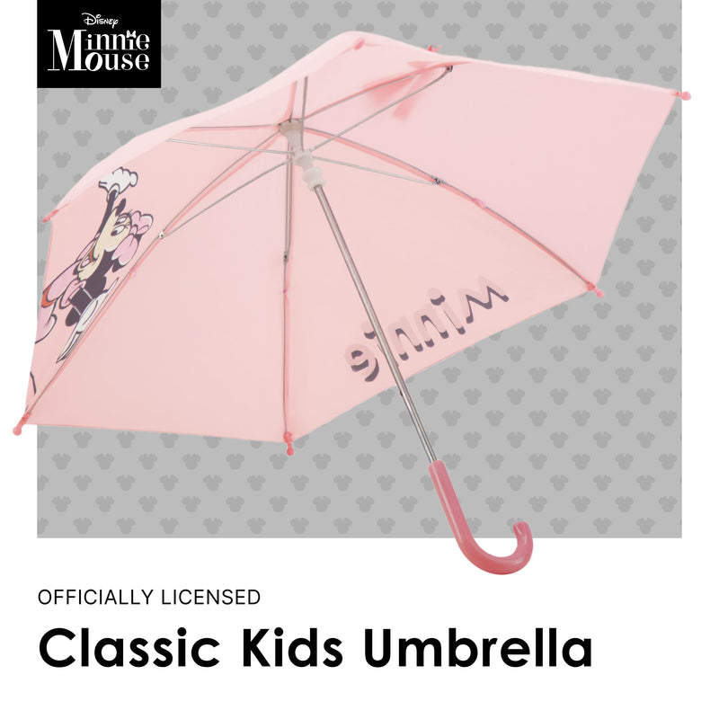 Disney Minnie Mouse Children's Rain Umbrella with Bow Tie Wrap, Pink | Manual Folding, Windproof, Lightweight, and Packable for Travel, 26.5 Inch Arc