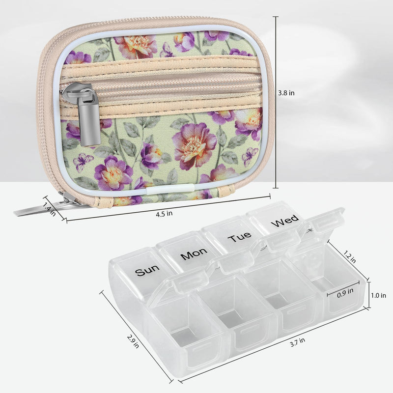 Pill Case Weekly Travel Pill Organizer for Purse with Removable 7 Day Pill Box Premium Neoprene Pill Container for Travel Purse Accessory, Vitamin, Supplement, Small Pieces Arrangement-Flower Flower