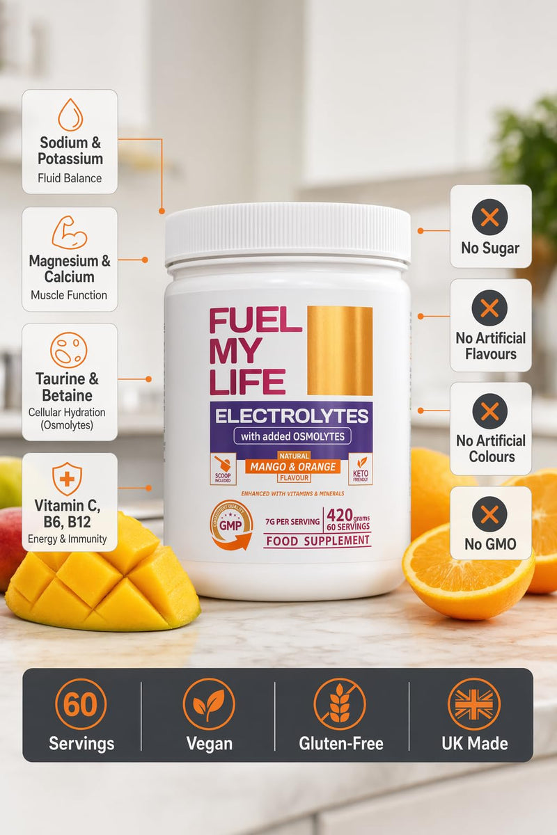 Electrolyte Powder with Osmolytes - Natural Mango & Orange Flavour - 420g (60 Servings) - Sugar-Free with Vitamins & Minerals - Vegan - UK Made