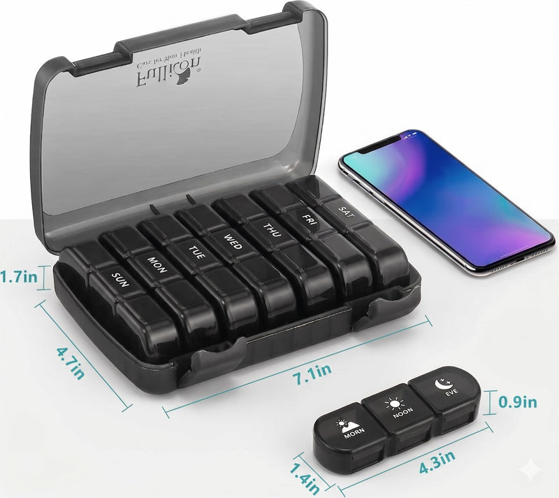 Fullicon Large Weekly, Travel Pill Organizer 3 Times a Day, Black | Each Compartment Holds 12 Fish Oils or 13 Vitamins, 21 Compartments, Secure Embedded Buckle, Travel Friendly, BPA Free
