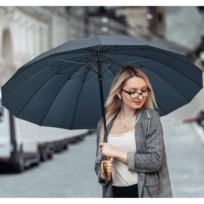 G4Free 54 Inch Large Windproof Umbrella Auto Open Classic Wooden J Handle 54 Inch Large Double Layer Inverted Umbrella with Reflective Strip