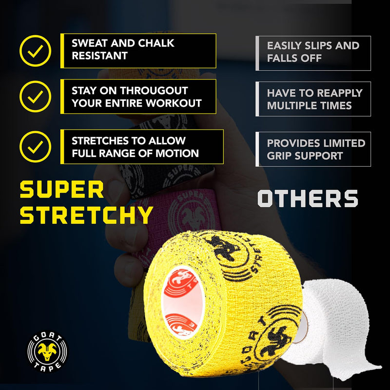 Goat Tape Super Stretchy Thumb Tape - Weightlifting Hook Grip Tape & WOD Tape for Cross Training, Gym Workout Tape, Athletic Finger Wrap - Flexes with Every Move, 2 Black 2 Yellow Rolls