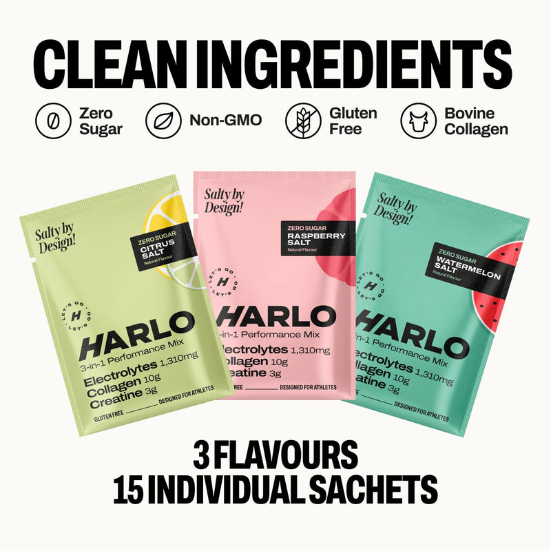 Harlo 3-in-1 Electrolytes Powder with Creatine & Collagen – Hydration, Muscle & Joint Support | Zero Sugar | 15 Sachets (Raspberry) Raspberry