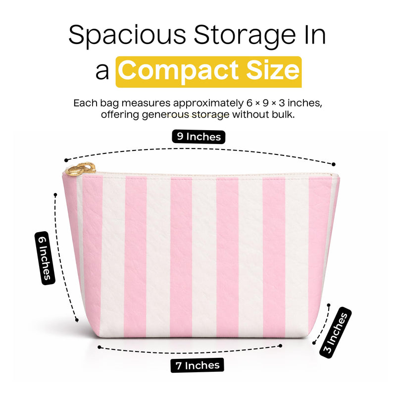 Preppy Stripe Crinkle Makeup Bag Set of 5 Travel Cosmetic Bags | Pink and White, 6 x 9 x 3 in, Crinkle & stripe design, waterproof fabric, generous capacity, gift for women