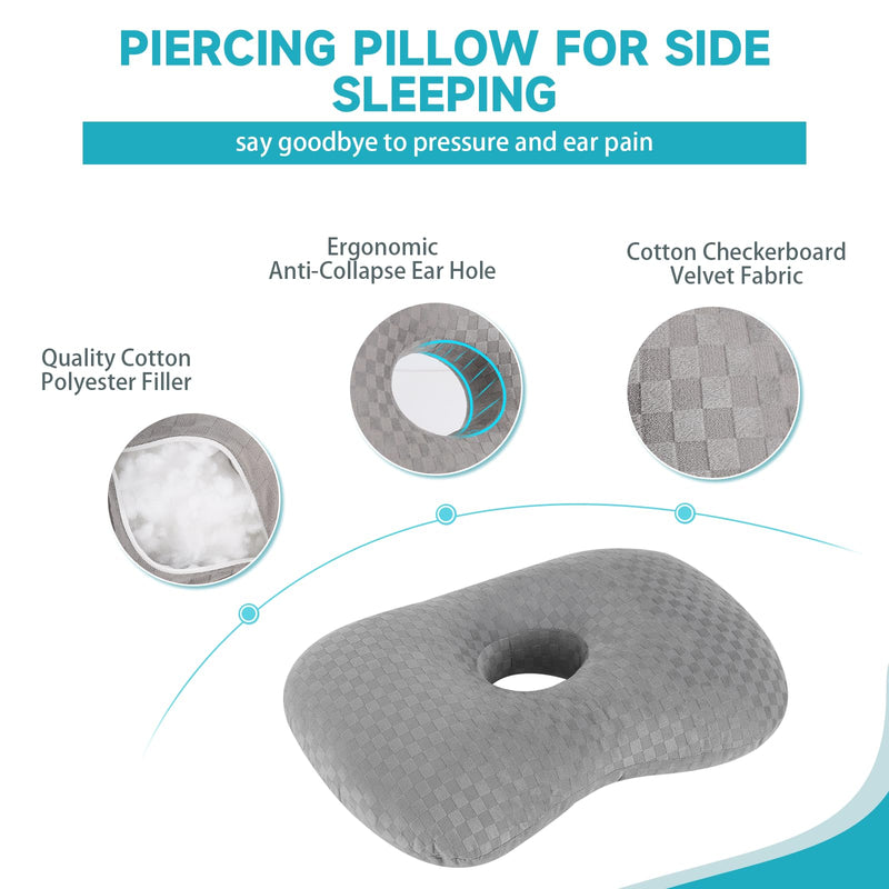 [Australia] - Ear Piercing Pillow with an Ear Hole, Cotton and Polyester Side Sleeping Pillow for CNH and Ear Pain Ear Inflammation Pressure Sores for Side Sleepers, Ear Guard Pillow (Light Grey) Light Grey 