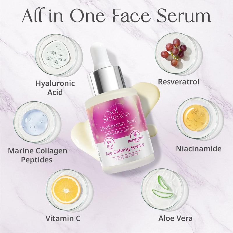 All In One Hyaluronic Acid Face Serum – Ultra Hydrating Anti Aging Serum with Vitamin C, Marine Collagen & Niacinamide for Brightening & Firm, Smooth Skin Miracle Serum