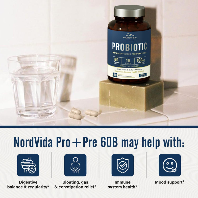 [Australia] - Probiotic 60 Billion 19 Strains with Organic Prebiotic for Men & Women, Digestive & Immune Health, Shelf Stable Delayed Release, Non-GMO No Dairy, 60 Vegan Caps 60 Billion CFUs for Men and Women 