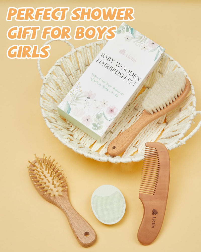 [Australia] - Lictin Baby Hair Brush and Comb Set, 4 Pcs Newborn Hair Brush with Soft Bristle, Natural Goat Hair and Wood Baby Cradle Cap Comb for Newborns & Toddlers, Newborn Baby Essentials, Perfect Registry Gift 