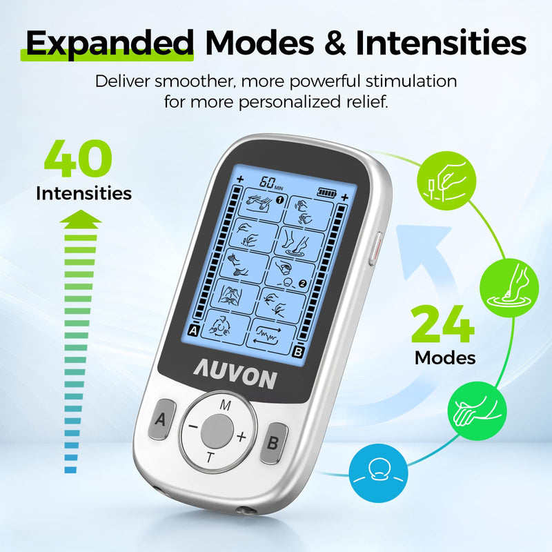 AUVON 24 Modes Dual Channel TENS Unit Muscle Stimulator for Pain Relief | TENS Machine with 40 Intensities for Drug-Free Gradual Neck, Back, Sciatica Relief, Electronic Pulse Massager, 12 TENS Pads