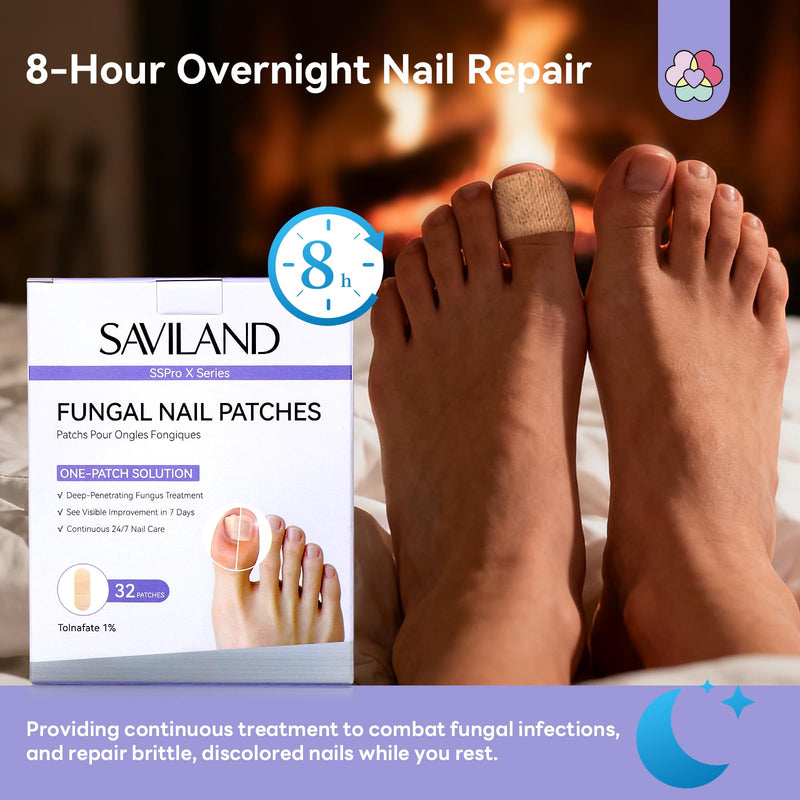 SAVILAND Fungal Nail Patches for Overnight 1% Tolnaftate Nail Repair 64Pcs | FSA-HSA, 8H Deep Overnight Repair, Reduces Yellow & Thick Nails, Breathable Materials Adhere Securely, Damaged Toenail Care 2 Pcs