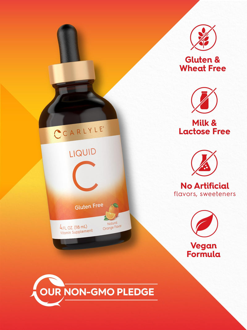 Carlyle Vitamin C Liquid Drops | 4 fl. oz | Ascorbic Acid and Sodium Ascorbate | Orange Flavor | Vegan, Non-GMO, Gluten Free Supplement