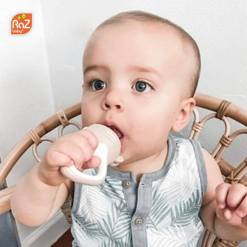[Australia] - RaZbaby Baby Solids/Frozen Fruit Feeder Pacifier, Infant Teether Toy 6M+, BPA-Free Silicone Pouch & Nipple, Safely Introduce Solids, Teething Relief, Dishwasher Safe, 2-Pack – Orange/Blue + Green/Blue Blue/ Orange 