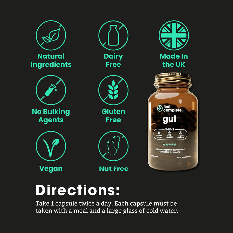 Feel Complete | Gut 3-in-1 | Premium Digestive Supplement | Probiotics & Digestive Enzymes & Prebiotics | Gut Health | Vegan | Made in The UK | 60 Capsules 60 count (Pack of 1)