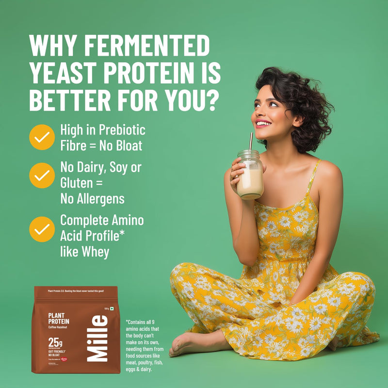 Mille Plant Protein | 25g Protein/Scoop | Coffee Hazelnut | Fermented Yeast Protein Powder | NO BLOAT | NO Added Sugar | Vegan | Has All 9 Essential Amino Acids | No Adulteration | 500g 500g (Single Container)