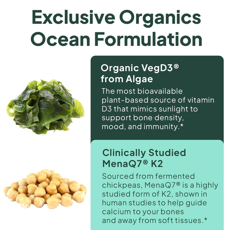 Organics Ocean Better D3 + K2-100% Organic VIT D3 and K2 Supplements with Maximum Bioavailability - Supports Bone Density, Calcium Balance, Immunity & Mood - 1-Pack, 30-Day Supply 30 Count (Pack of 1)