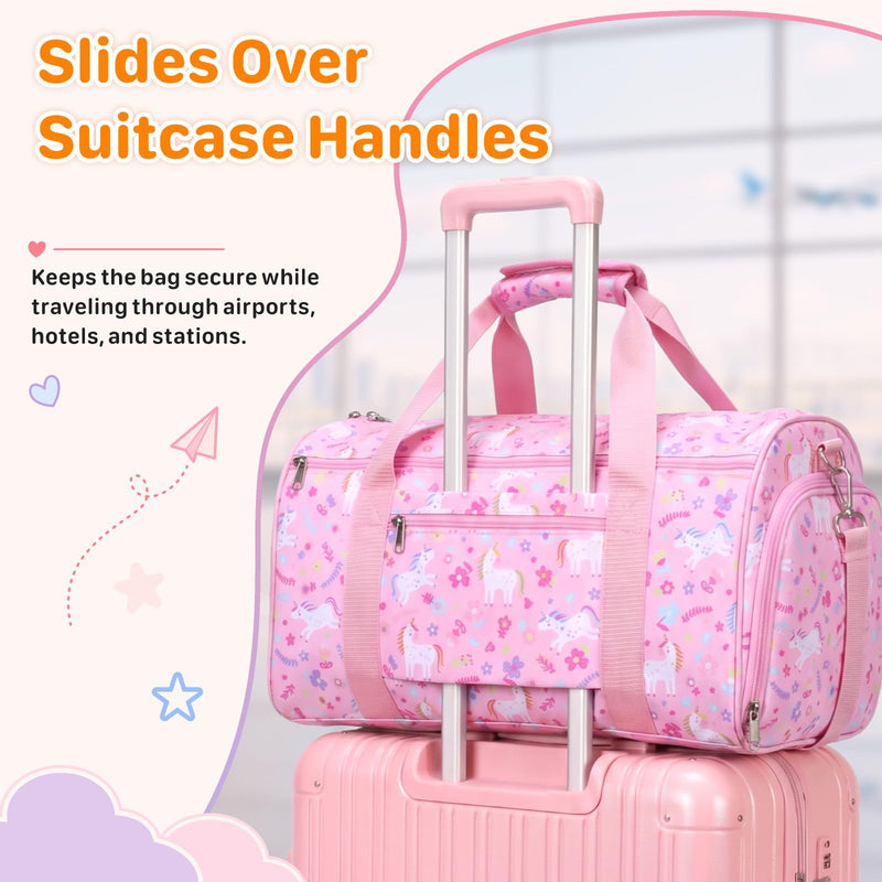 Kids Travel Duffle Bag - Weekender Bag for Girls 3-8 Year Olds | Dance Ballet Gym Overnight Bag with Adjustable Padded Strap, Dry&Wet and Shoe Area, Includes a Laundry Bag, Pink Unicorn 01 Pink Unicorn Medium-25L(Ages 3-8)