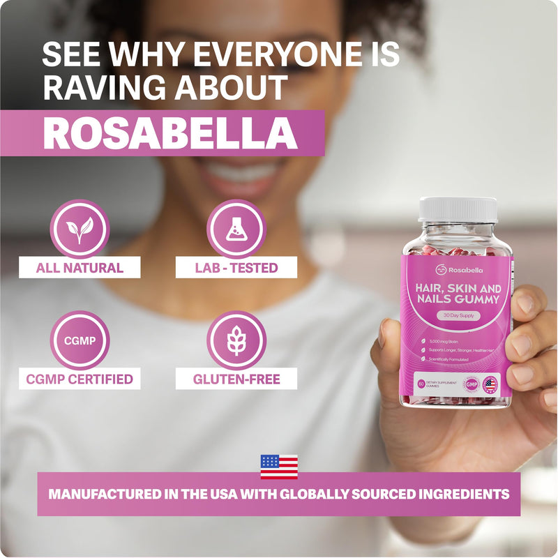 Rosabella Hair Growth Gummies for Women & Men – Vegan Hair Gummies with 5000mcg Biotin – Hair Vitamins for Strong, Healthy-Looking Hair – Gummy Biotin Supplement – 60 Count 60 Count (Pack of 1)