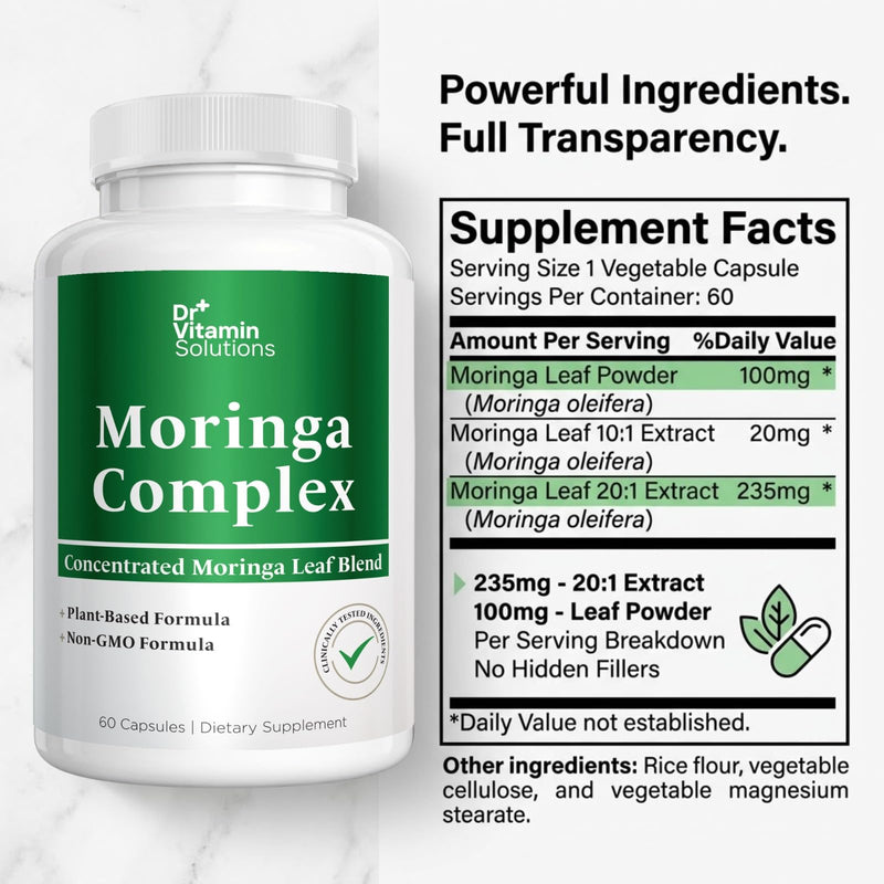 Moringa Capsules 3-in-1 Leaf Extract for Energy and Immune Support | Moringa Oleifera Leaf Powder, 10:1 and 20:1 Extracts, Superfood, 60 Capsules, 60 Day Supply, Vegan, Non-GMO, Made in USA