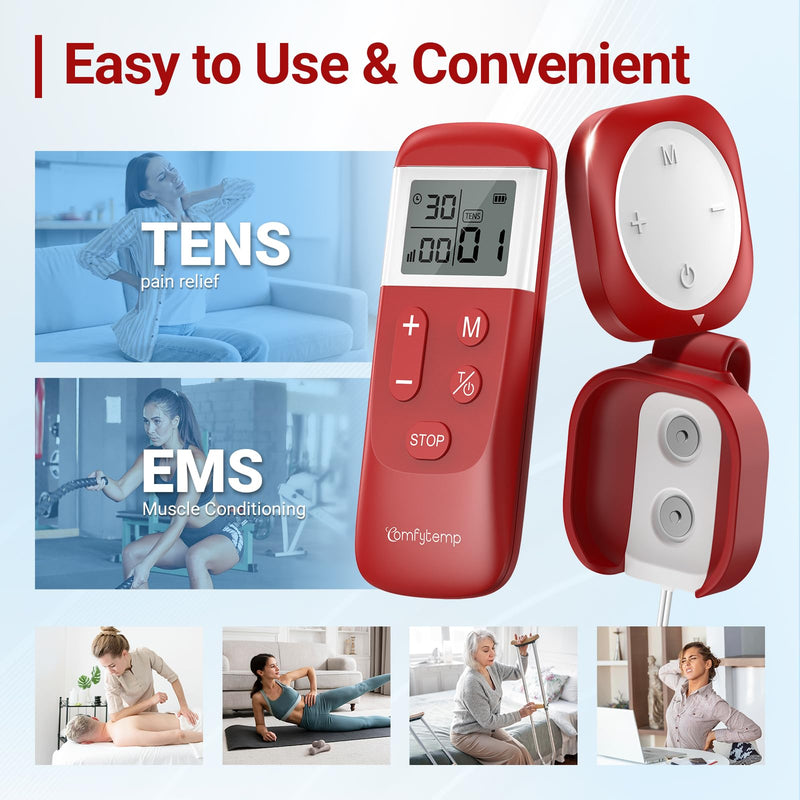 Comfytemp Wireless TENS Unit for Back Pain Relief, 2-in-1 TENS EMS Muscle Stimulator with Detachable Back Clip for More Comfortable Reclining Use, Remote Control, Rechargeable, EMS Machine for Back