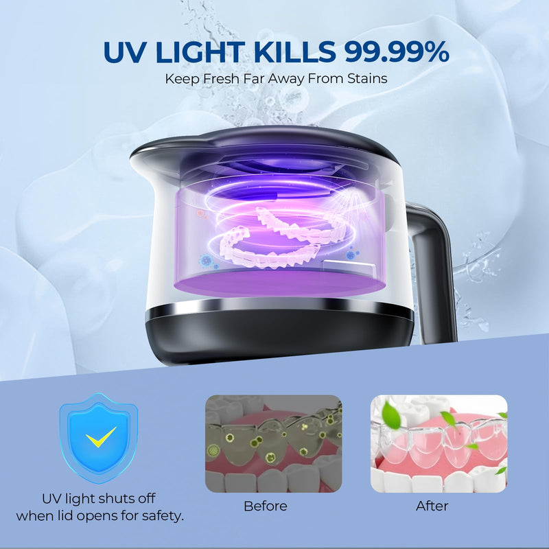 [Australia] - Ultrasonic Retainer Cleaner Machine - 45kHz Ultrasonic Jewelry Cleaner - 200ML Mouth Guard & Denture Cleaner Pod - 5 Modes with Digital Timer - Upgrade Water Bottle Design,Bright Black 