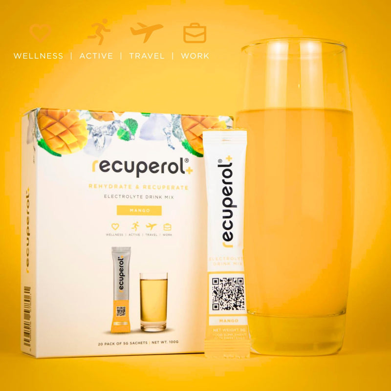 Recuperol Electrolytes Sachets - Rehydration Electrolytes Powder with Zinc, Vitamin C, B12, D3 & Potassium for Hydration - Sugar Free, Vegan & Low Calorie - Mango 20 Pack