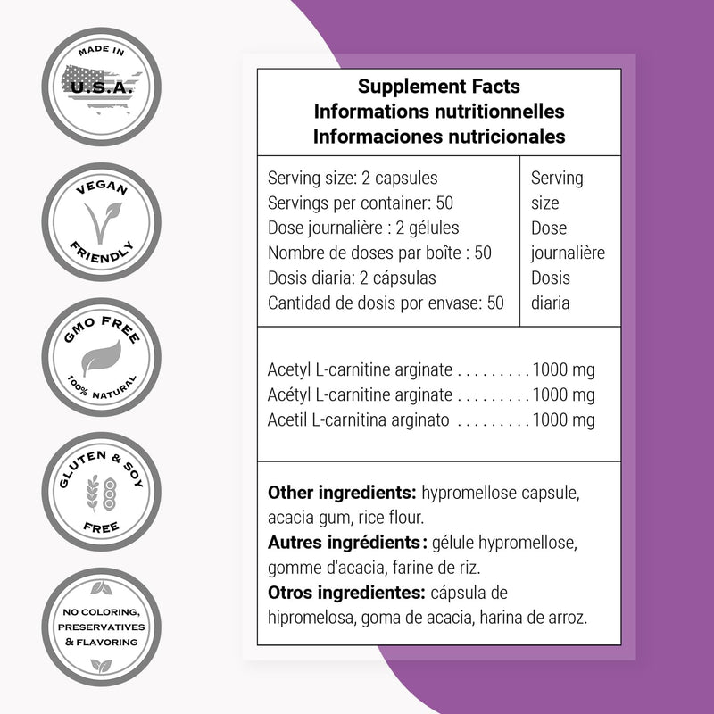 Supersmart - Acetyl L Carnitine Arginate 1000 mg Per Day - Amino Acids - Popular Brain Supplement | Non-GMO & Gluten Free - 120 Vegetarian Capsules