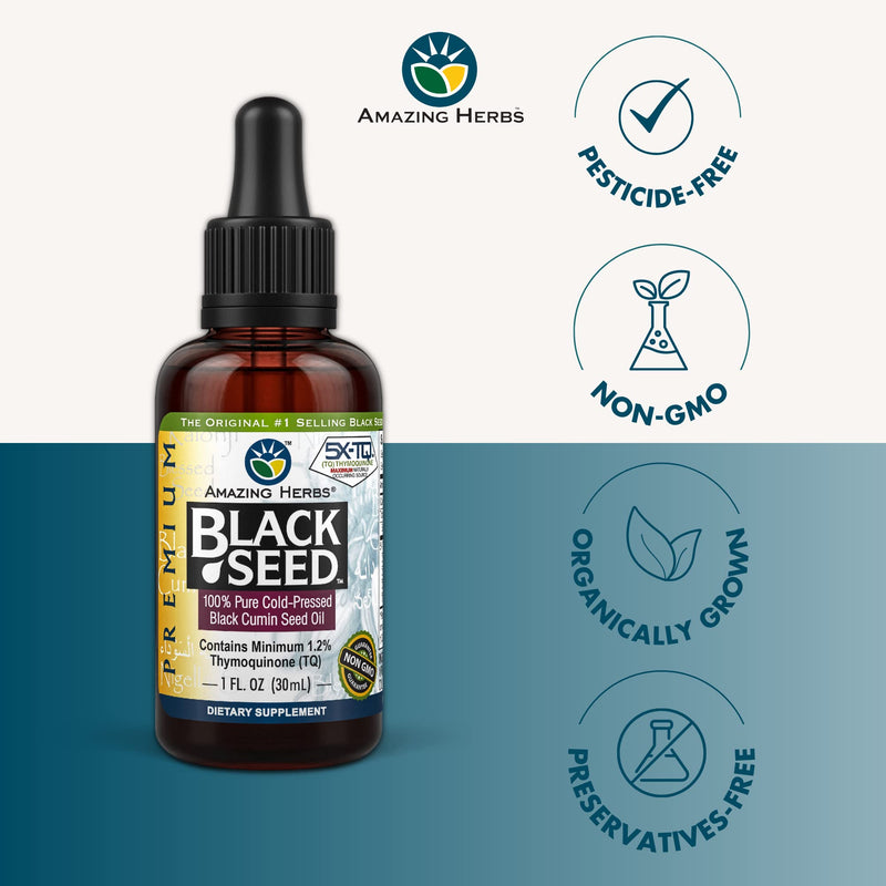 [Australia] - Amazing Herbs Premium Black Seed Oil - Gluten Free, Non GMO, Cold Pressed Nigella Sativa Aids in Digestive Health, Immune Support, Brain Function, Joint Mobility - 1 Fl Oz 1 Fl Oz (Pack of 1) 