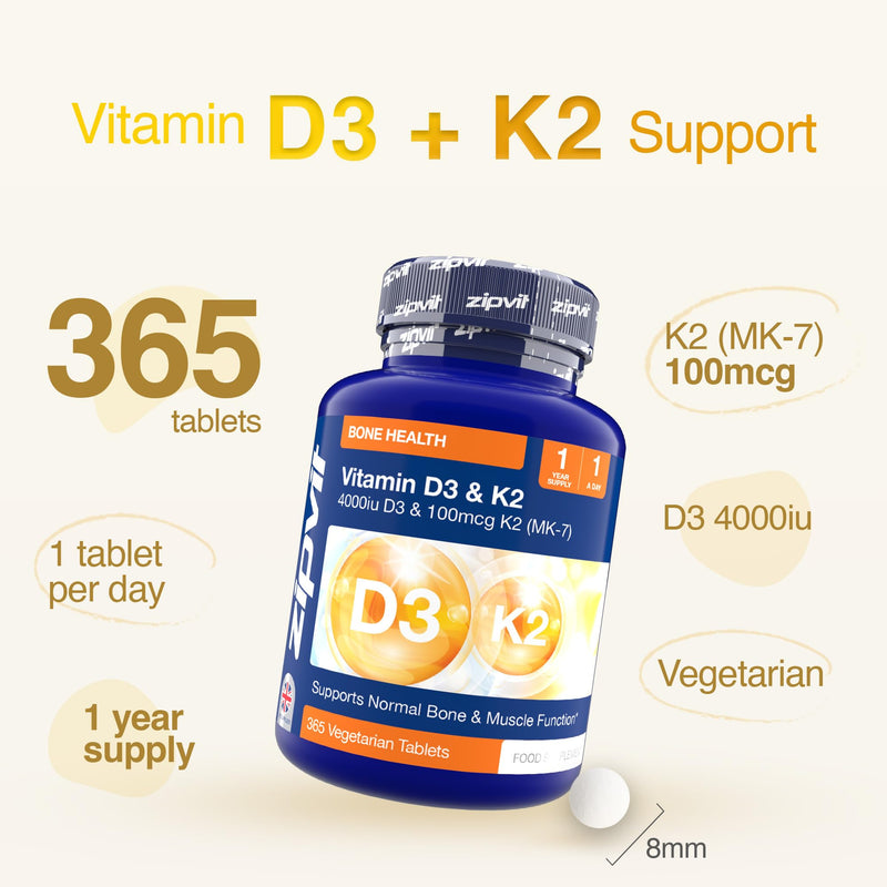 Zipvit Vitamin D3 4000 iu & Vitamin K2 MK7 100μg, 1 Year Supply, 365 Vegetarian Vitamin D3 K2 Tablets, High Strength Vitamin D Supplement, Supports Immune, Bone & Muscle Health D3 & K2
