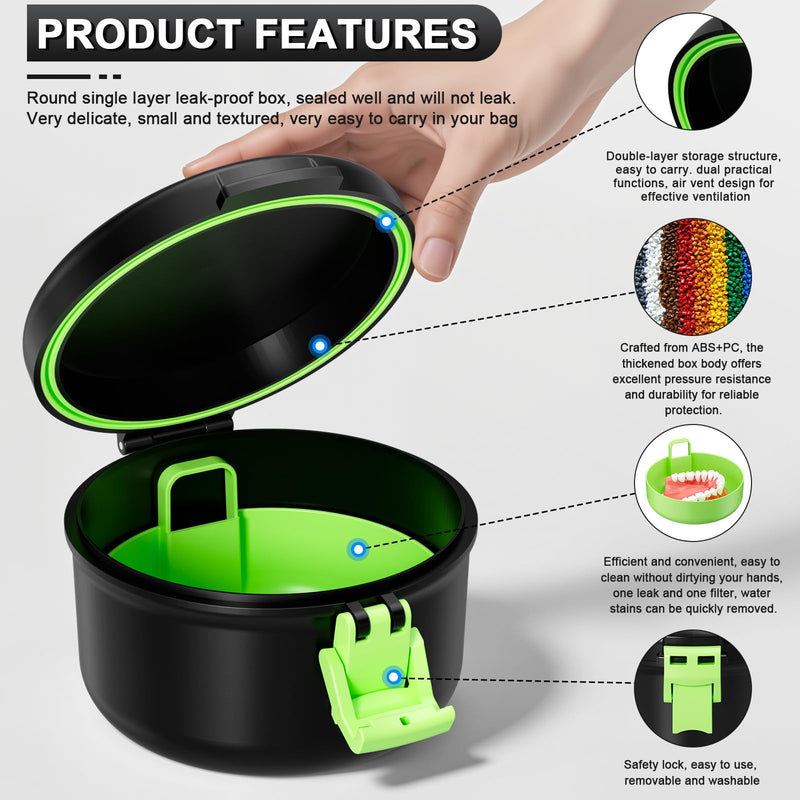 [Australia] - Leak Proof Denture Bath Cup, Travel Denture Case for Soaking Dentures & Retainer, Retainer Cleaner Case, Round False Teeth Container, Black+Light Green. Black + Light Green 