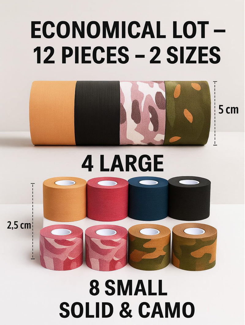 Kinesiology Rolls - Pack of 12 Sports & Face Tapes | 2.5 & 5 cm | Elastic & Waterproof Adhesive | Camouflage & Solid Colours | Breathable, Hypoallergenic, Residue-Free