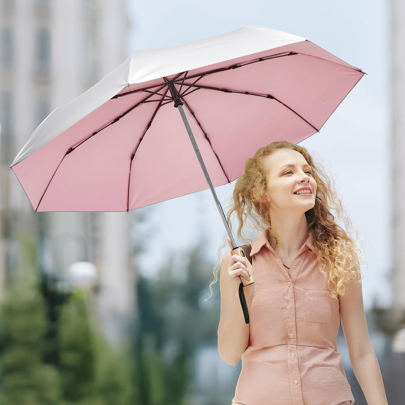 G4Free Windproof Travel Umbrella with Large Wooden Handle, UV Sun Protection Rain Umbrella Automatic Open And Close Compact 46" Large Canopy with UPF 50+