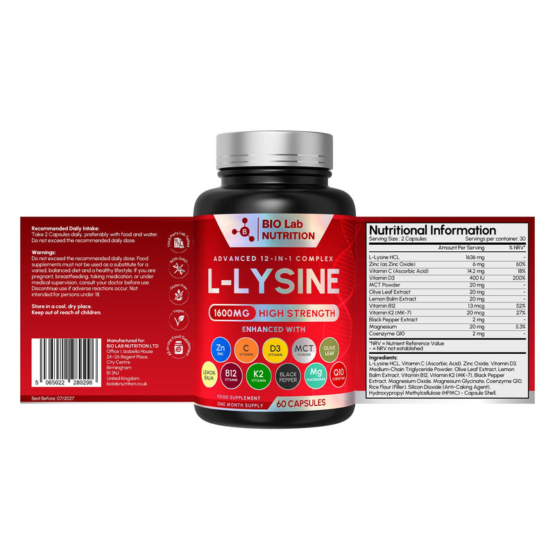 L-Lysine 1600mg High Strength - Advanced 12-in-1 Complex for Lip & Skin Health - with Zinc, Vitamin C, D3 & Lemon Balm - Triple UK Lab Tested - 60 Vegan Capsules