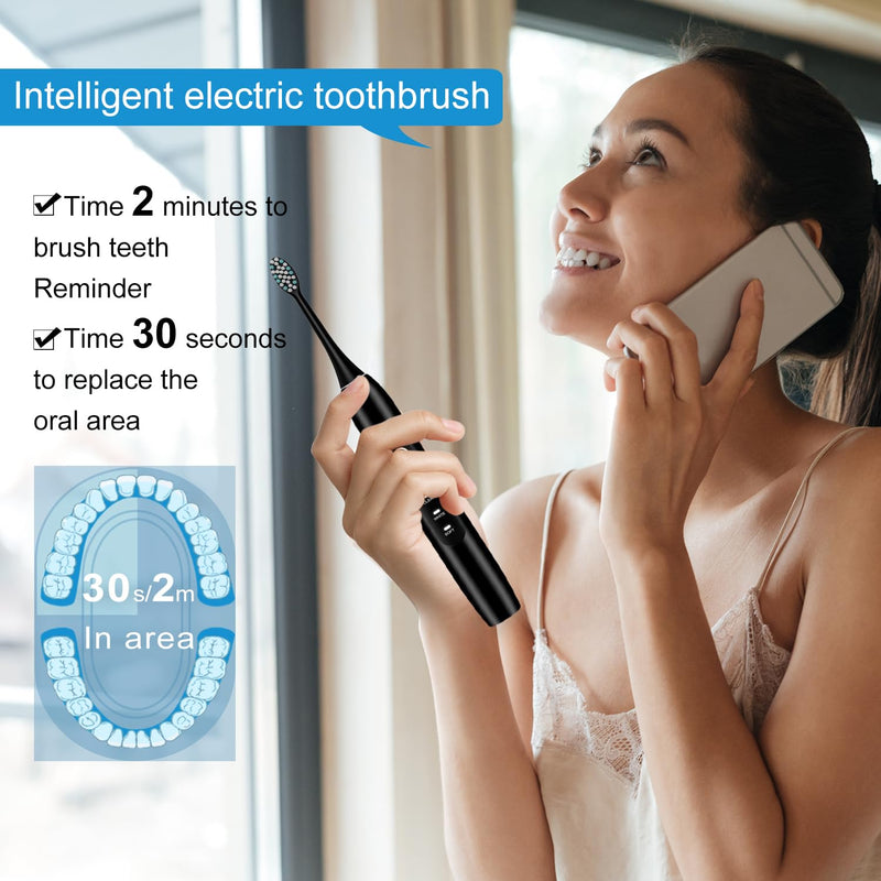 [Australia] - Electric Toothbrush Set, Comes with 8 Brush Heads & Travel Case,4 Modes with 2 Minutes Built in Smart Timer, One Charge for 60 Days, 42000 VPM Motor (Black) Black 