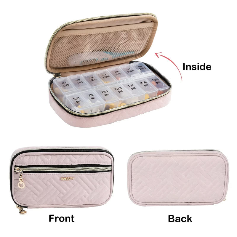 BAGSFY Pill Organizer Case 2 Times a Day- Weekly Medicine Organizer Travel Pill Box with Removable 7 Day Medicine Case Container for Fish Oil, Vitamin, Supplement Small Pink