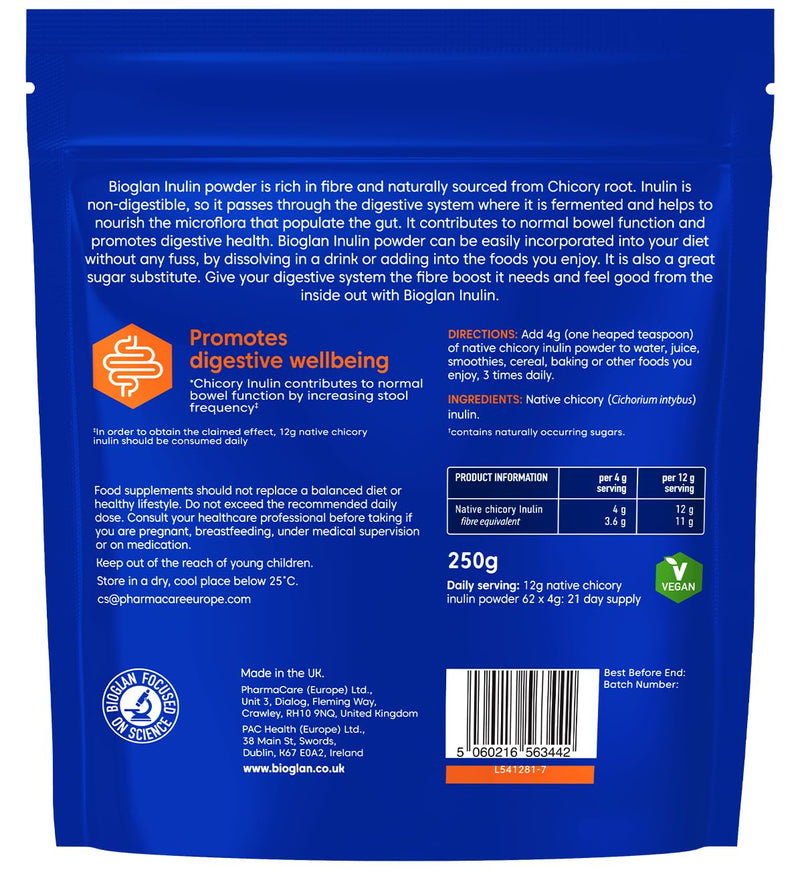 Bioglan Inulin Powder 250g | Chicory Root Fibre Supplement | Soluble Fibre for Normal Bowel Function | Vegan, Unflavoured | 3 Weeks Supply