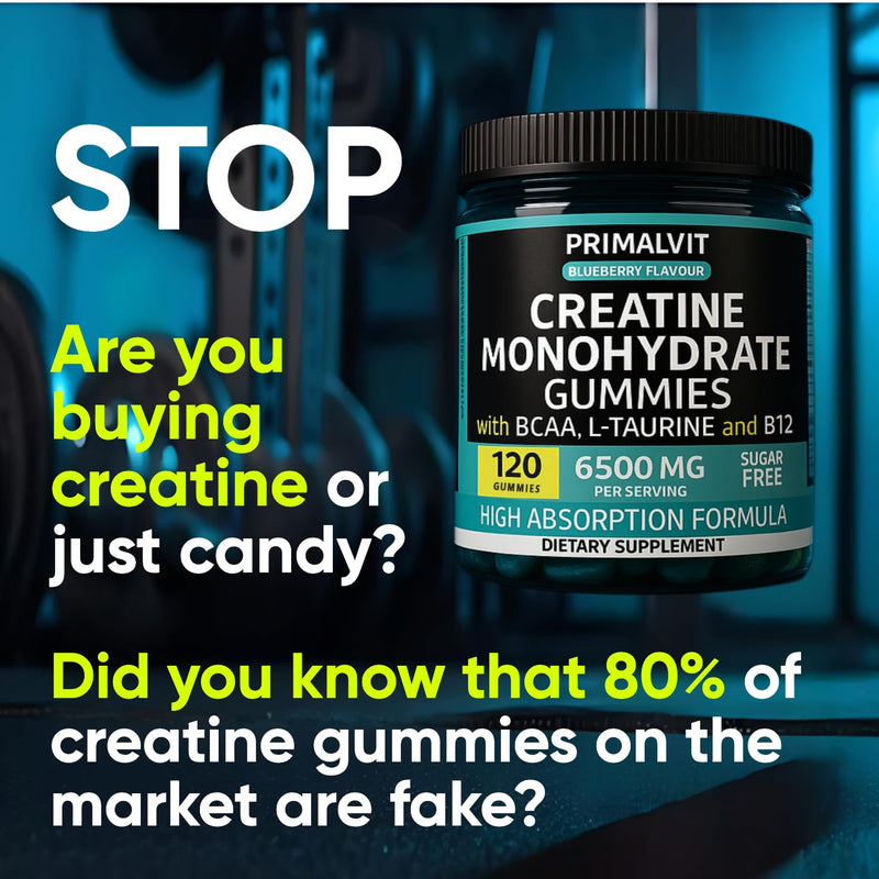 120 Creatine Gummies 6500mg Sugar-Free Complex – 40-Day Supply – Pre-Workout Creatine Monohydrate + BCAA, L-Taurine, B12 – Max Strength Chewable Gym Supplement Vegan Gummy Chews Men & Women Primalvit