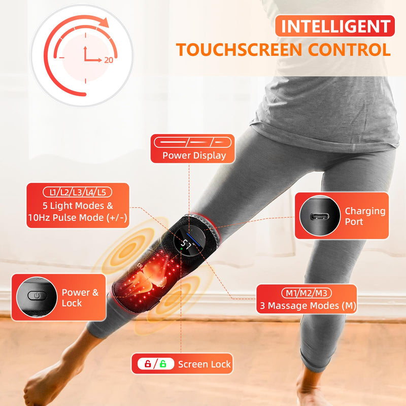 [Australia] - Red Light Therapy Knee Brace Vibration Knee Massage for Pain Relief, 660nm&850nm, Rechargeable Wireless Controller, Near Infrared Light Heated Device for Knee/Elbow/Shoulder Pain Relief Black 15.77in 