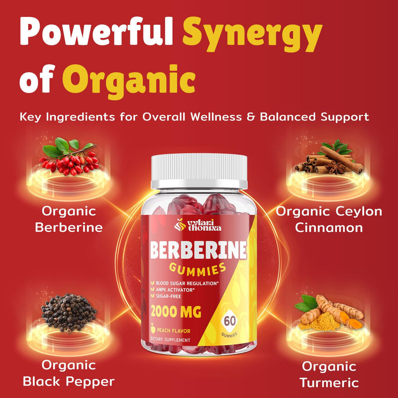 [Australia] - 2000mg Berberine Supplement Gummies - High Potency Berberine with Ceylon Cinnamon Candy, Turmeric, Magnesium, Chromium - Sugar Free, Vegan, Non-GMO, Gluten-Free - Peach Flavor 60 Gummies - 1 Pack 60 Count (Pack of 1) 