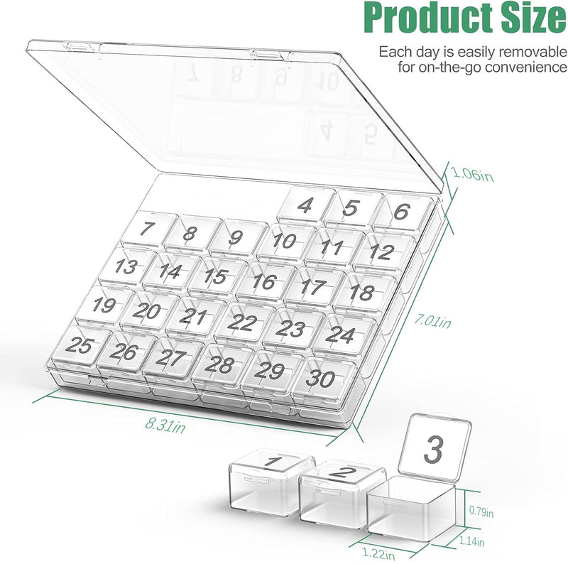 Monthly Pill Organizer - 30 Day Pill Box - Easy to Open - Large Compartments - Portable Case for Travel, Medicine Organizer for Vitamins (White) White