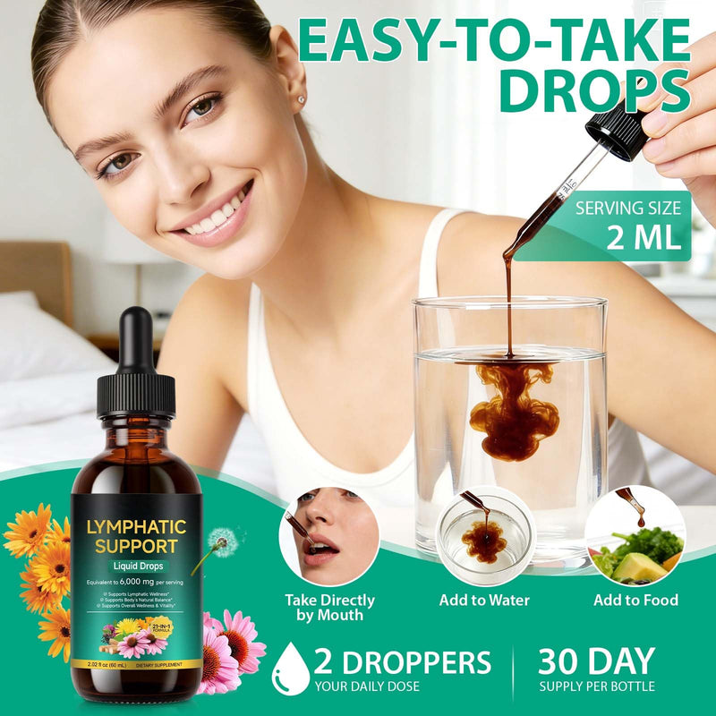 21-in-1 Lymphatic Drainage Drops 60ml, Lymphatic Drainage Supplement with Dandelion Extract, Zine, Burdock Extract, Support Lymph System Cleanse