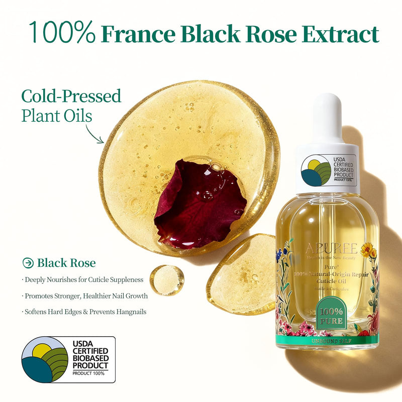 APUREE 100% Bio-Based Cuticle Oil 1 fl oz with Organic Black Rose Extract | Deep Moisture for Dry Cuticles & Weak Thin Nails, Nail Strengthening & Growth Oil with Jojoba Oil & Squalane, USDA Verified Gold