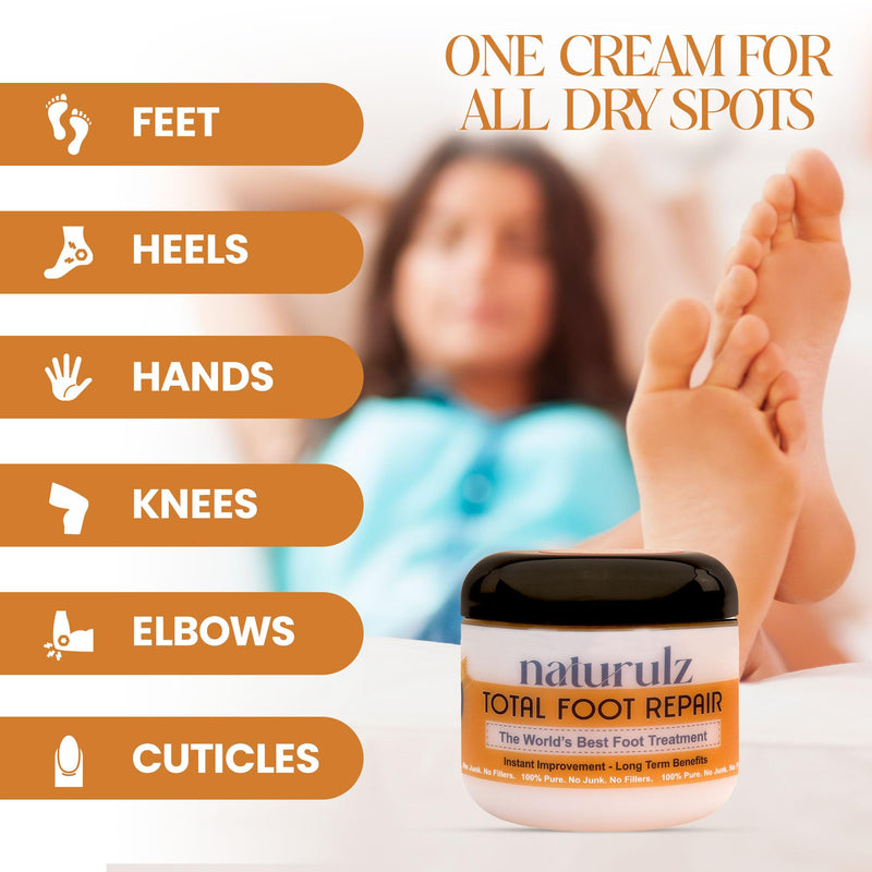 [Australia] - Naturulz Total Foot Repair 4oz – No Junk Foot Cream for Dry, Rough Skin & Cracked Heels, Lightweight & Compact Moisturizer for Feet, Knees, Elbows & Hands, Softens, Repairs & Smooths Cracked Skin 