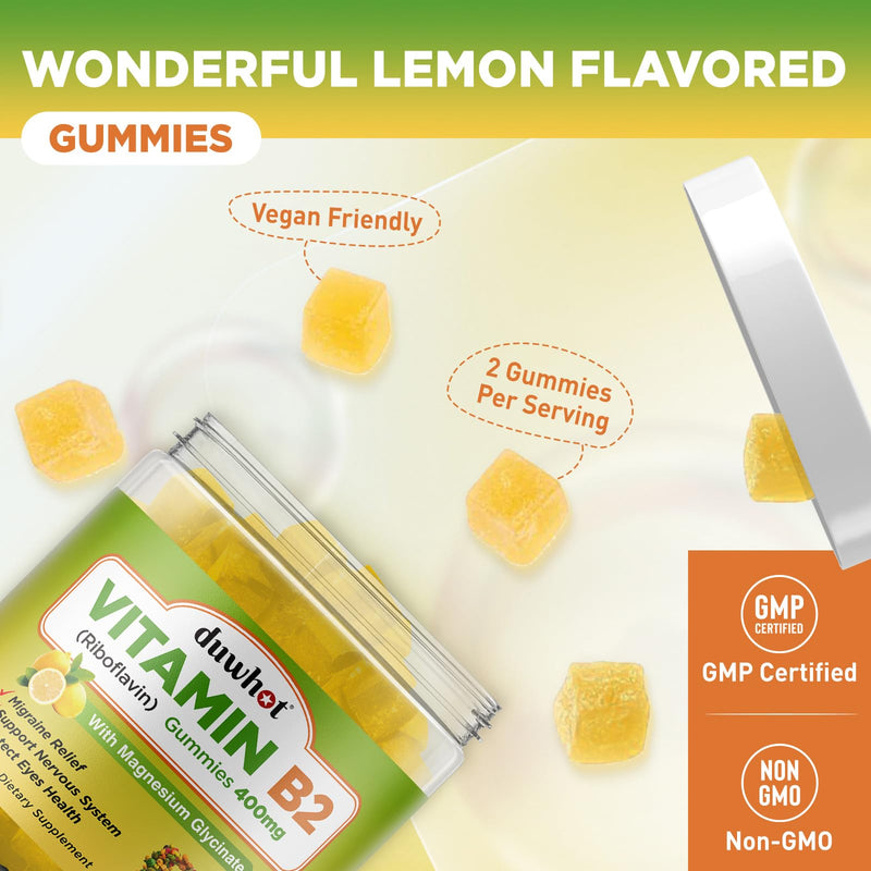 Vitamin B2 Gummies with Magnesium- Riboflavin 400mg for Migraine Relief | B2 Vitamins Gummies for Adults & Kids Headache Relief, Vegan, 60 Chewable