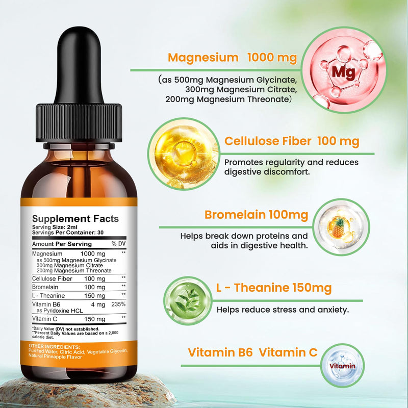 (2 Pack) Magnesium Glycinate Liquid Drop for Sleep, Nerve, Energy, Muscle Sugar-Free Pineapple & Cherry Flavor